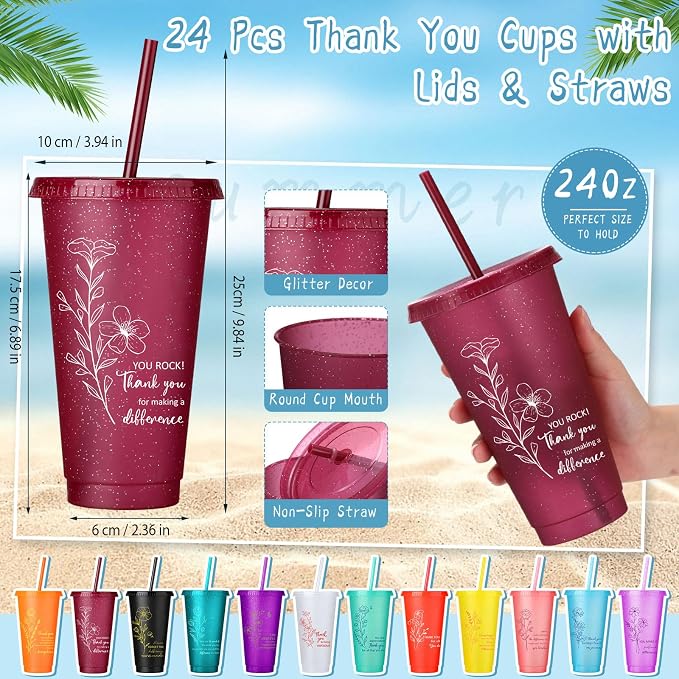 Feifeiya 72 Pcs/ 24 Set Team Appreciation Gifts for Cna Week 24 oz Appreciation Tumbler with Lids and Straws Motivational Pens Inspirational Notepads Set Plastic Cups Gift for Staff Employees