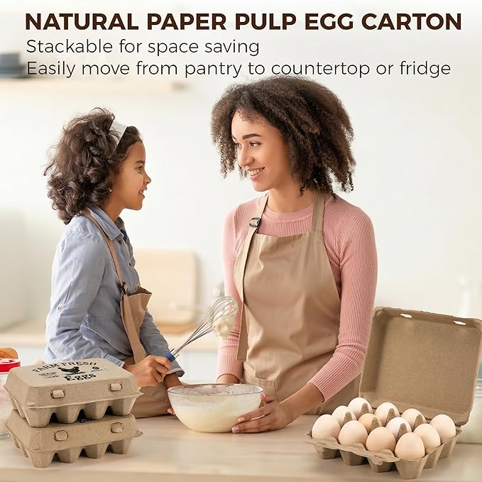 50 Pack Egg Cartons, 3x4 Style Paper Pulp Egg Trays with Printed Design, Sturdy & Reusable Egg Holder 12 Count Dozen Chicken Egg Storage Tray for Farmers, Home Use & Transport