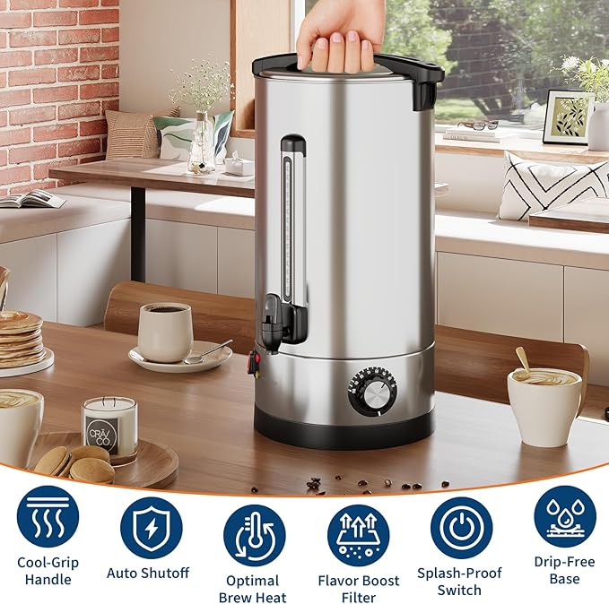 110 Cup Commercial Coffee Urn, 16L/4.2 Gal Large Capacity Stainless Steel Coffee Maker, Double-Wall Insulated Thermal Carafe for Wedding, Catering, Buffet, Events & Party Gatherings