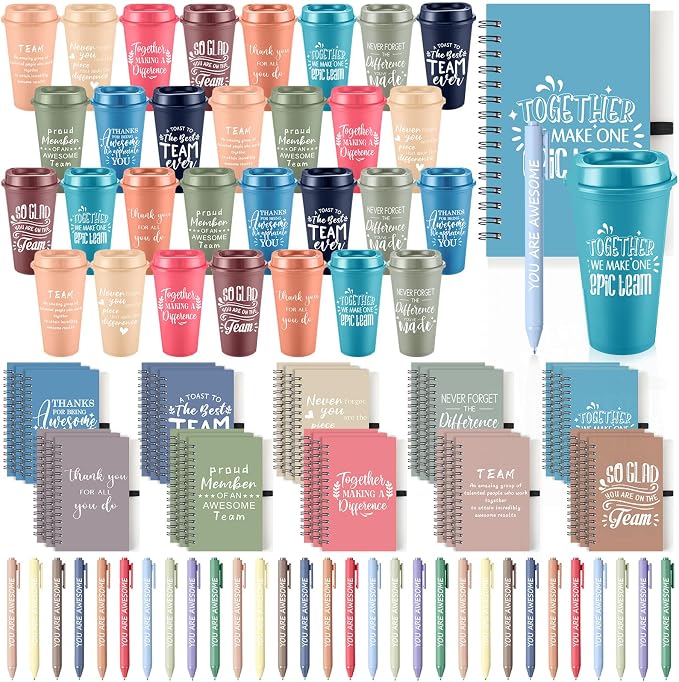 Teenyyou 90 Pcs Employee Appreciation Gift Set, 16oz Tumbler with Lid Notebook Pen Bulk Thank You Gift Holiday Party Favor for Teachers Office Coworker Teacher Staff Team (Bright Color,Elegant Style)