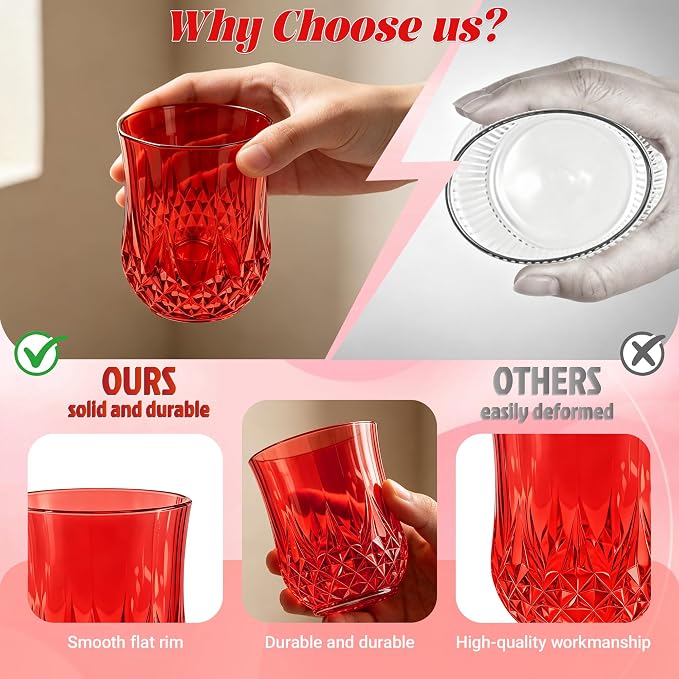 24 Pack Plastic Stemless Wine Glasses,12oz Unbreakable Vintage Elegant Drinking Glass Set,Reusable Fancy Cocktail Cups for Party, Wedding, and Bulk Events (24, 12oz-Red)