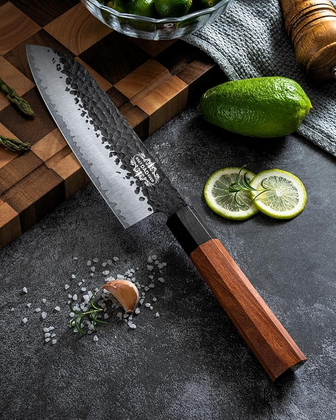 FAMCÜTE Engraved 7‘’ Japanese Santoku Knife, Hand Forged 5-Layer Steel Chef'Knife with Rosewood Handle, Memorial Gifts for husband, Ultra Sharp Kitchen Knife for Dad Birthday Gift (Luxury Wood Box)