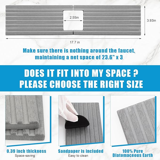 Faucet Mat for Kitchen Sink, Stone Faucet Mat for Kitchen Tray 17.71*3.94*0.35in Square Hole Prevents Moisture Buildup, Suitable for Bathroom Countertop Faucets Around Sink (dark grey Short Version)