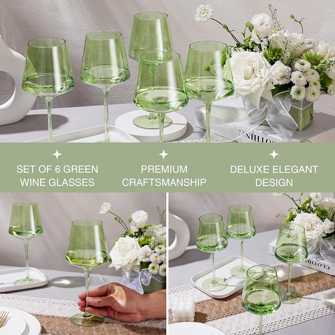 Physkoa Green Wine Glasses Set 6-16oz Modern Green Colored Wine Glasses with Tall Long Stem and Flat Bottom,VerdantGlassware for Birthday Wedding Bridal Shower