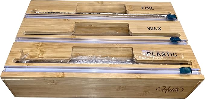 HELIA Bamboo Kitchen Wrap Organizer | Wall Mounting Solid Bamboo Foil and Plastic Wrap Dispenser with Sliding Cutters | Aluminum Foil and Plastic Wrap Dispenser with Cutter