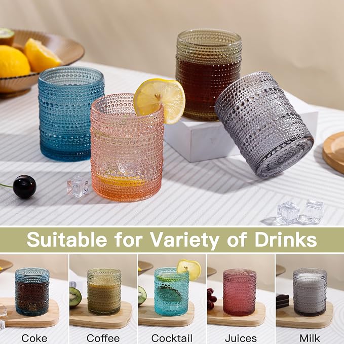 JOVGANK Colored Vintage Hobnail Drinking Glasses Set of 6, Embossed Water Tumbler 12oz, Kitchen & Bar Beaded Glass Cups, Beverage Glass Cups for Water, Beer, Juice, Housewarming Gift