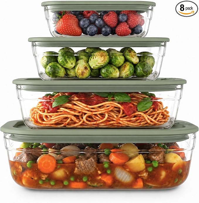 Naked Kitchen 8-Piece Food Storage Containers with Lids – Nesting Borosilicate Glass Meal Prep Containers with Leak-Proof Airtight Seal – BPA Free, Microwave, Oven, Freezer & Dishwasher Safe – Green