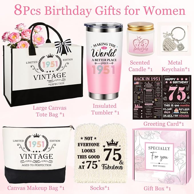 75th Birthday Gifts for Women, Vintage 1951 Happy 75th Birthday Gifts Basket for Women Unique Gift Ideas for 75 Year Old Female, Mom, Wife, Grandma, Thoughtful Birthday Gift Turning 75 Year Old
