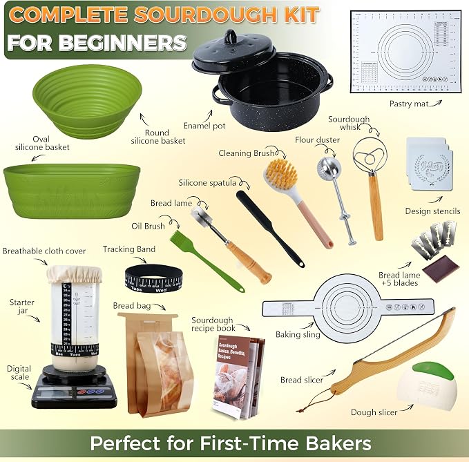 Sourdough Starter Kit for Beginners, 34 oz Starter Jar with Scale Marking, 2 Silicone Proofing Baskets, Complete Bread Baking Kit with Guide & Recipes, Easy to Use & Clean - Green