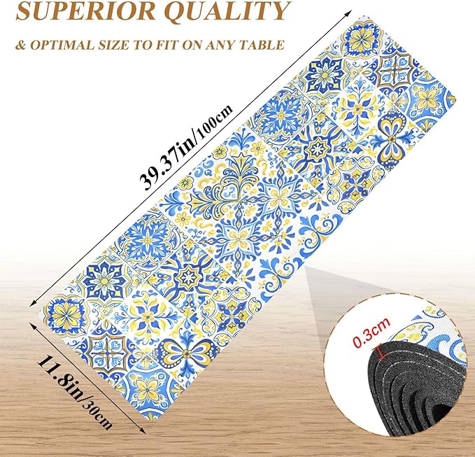 ALAZA Blue and Yellow Azulejos Tiles Trivet Table Runner 40 Inches Long Trivet for Hot Pots and Pans/Hot Dishes,Table Protector Heat Up to 230F, Decorative Hot Plates Mat for Kitchen Countertop