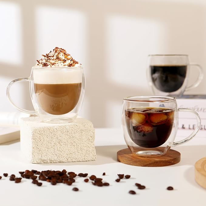 CNGLASS 12oz(4-pack) Double Walled Glass Coffee Mugs,Insulated Glass Mugs with Handle,Clear Espresso Cups for Latte,Cappuccino,Tea Bag