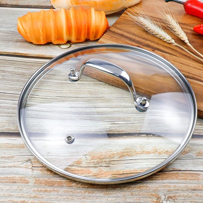 12 Inch Clear Glass Pot Lid for Frying Pan Replacement Cover Can Withstand 356°F (180℃) with Stainless Steel Arch Bridge Handle,Bright Silver