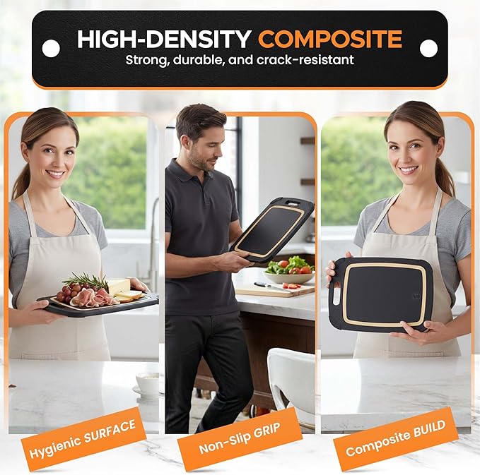 Composite Wood Cutting Board Set of 3 – Built In Juice Groove, Dishwasher Safe, Non-Toxic & Cutting Boards for Kitchen – Large, Medium & Small Non-Slip Wood Charcuterie & Chopping Boards (Black/Tan)