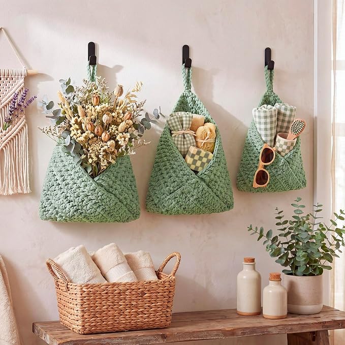 Honeydak Boho Decor Hanging Wall Baskets for Kitchen 3 Pack Teardrop Baskets with Hooks Storage Fruit Onion Vegetable Potato for Home 3 Sizes(Sage Green,Triangle,Cotton Rope)