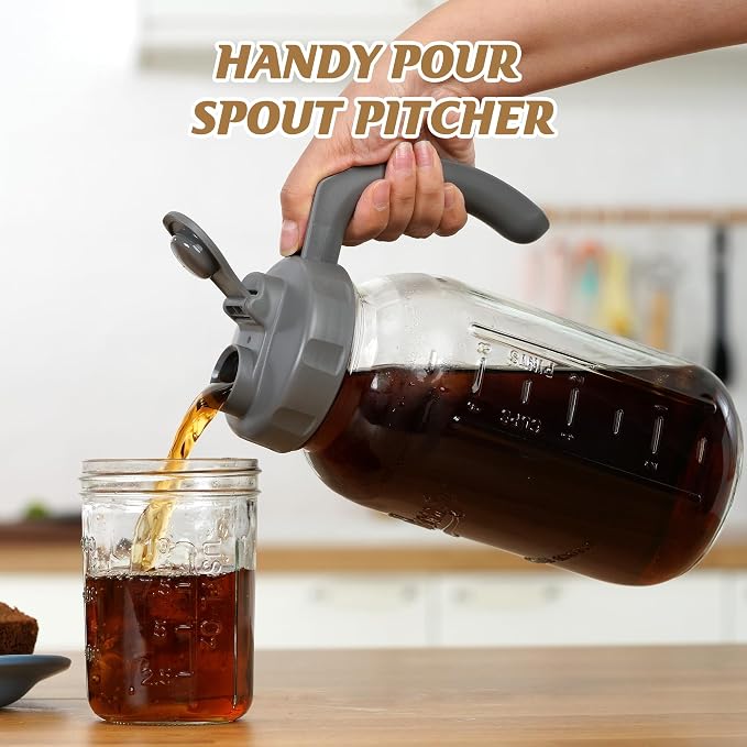 Soligt Glass Mason Jar Pitcher with Lid, Wide Mouth Flip Cap Pour Spout Leak-proof Lid with Handle, 64 oz (2 Quart / 1.9 Liter), for Iced Coffee/Sun Tea Juice/Cold Brew/Milk (1 Pack, Dark Gray)