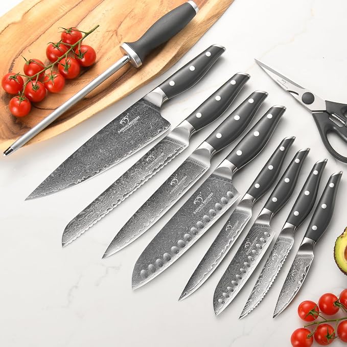 Damascus Knife Set with Block, 16-Piece VG10 67-Layer Steel Kitchen Knives | 16-piece premium Damascus kitchen knife set with VG10 steel core, 67 layers, wood block, and triple-rivet handles