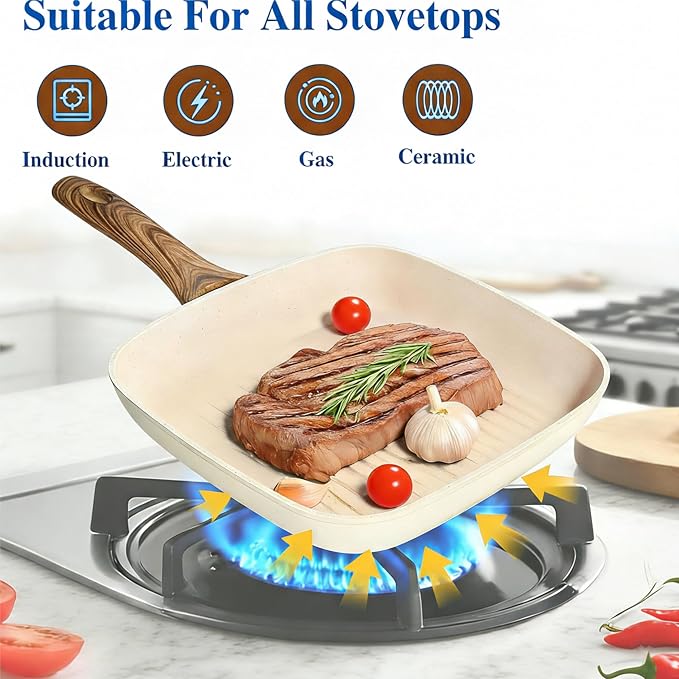 HealSmart 3 Pieces Nonstick Grill Pan Set, Square Cooking Skillets with Wooden Handles, PFOA-Free Multi-size Griddle Pans Fit All Stovetops, Indoor & Outdoor Cooking, 9.5",10.2",11", Beige