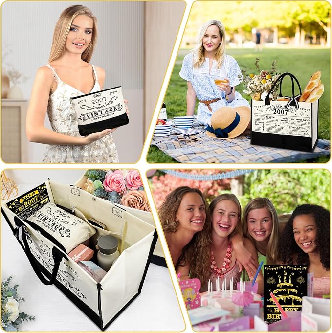 YeohJoy 19th Birthday Gift for Her Canvas Tote Bag Travel Gear, Unique 19 Years Old Birthday Gifts for Girlfriend Daughter Sister Friends Her, Vintage 2007 Handbag & Makeup Bag & 19th Greeting Card
