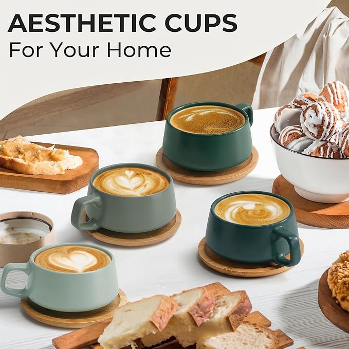 MIAMIO – 11 Oz., Set of 4 Ceramic Tea Cup and Saucer Bamboo/Tea Mug - Wide Cappuccino Cup, Coffee Cups Ceramic Mug for Cappuccino, Latte, Espresso & Americano - Luxe Collection (Evergreen)