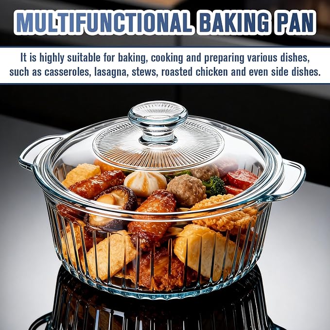 Glass Baking Dishes for Oven, 2 Pack Baking Dish with Lid, Round Casserole Dishes for Oven with Lids, Clear Glass Casserole Dish with Lid Oven Safe for Baking, Cooking, Storage, 1.7Qt and 2.5Qt