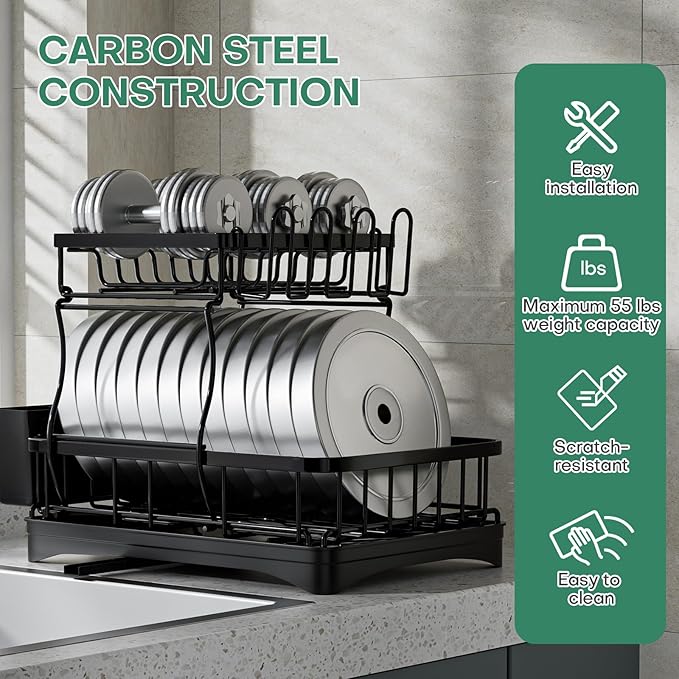 2 Tier Dish Rack, Carbon Steel Dish Drying Rack for Kitchen Organization & Storage, Countertop / Sink Dish Rack with Automatic Drain Tray, Large Capacity Black Dish Rack - Essential Home Kitchen Item