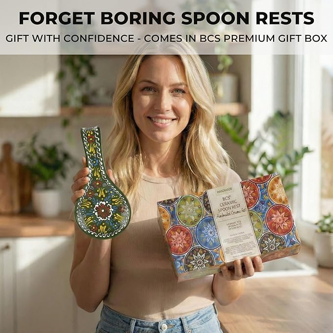 BCS Ceramic Spoon Rest, Large 9” Hand Painted Spoon Holder for Stove Top & Kitchen Counter, Dishwasher Safe & Heat Resistant Utensil Holder, Floral Kitchen Decor, Handmade Pottery
