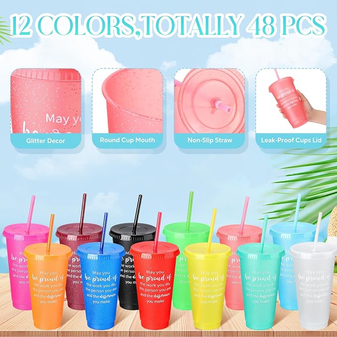Dandat 48 Pcs Employee Appreciation Gifts Bulk 24 oz Thank You Cups Gift for Nurse Coworker Team Staff Teacher Inspirational Plastic Tumblers with Lids Straws (Neon Color)