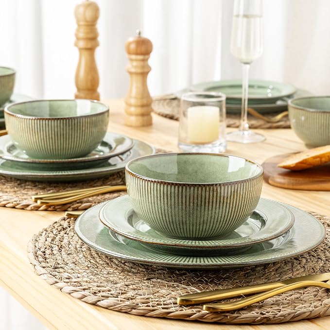 GBHOME Ceramic Dinnerware Sets,12 pcs Embossed Elegant Stoneware Plates and Bowls Sets, Housewarming Wedding Gift | Dishwasher & Microwave Safe | Dishes Set Service for 4