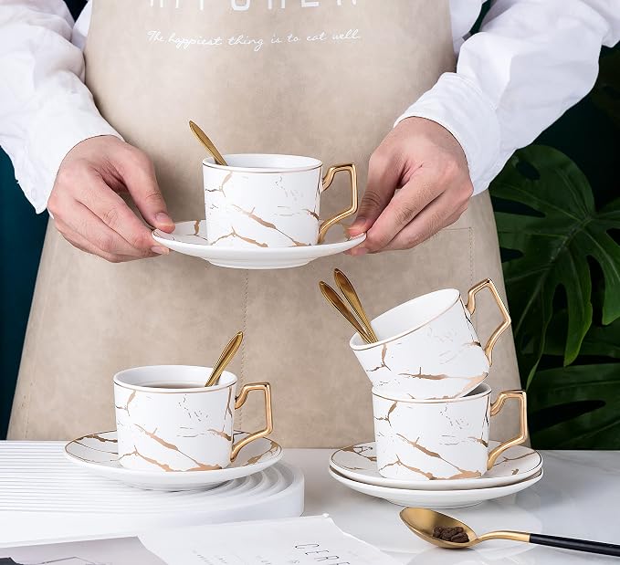 Jusalpha Serve of 4- Hand Printed Golden Matte Ceramic Marble Tea Coffee/Tea Cups with Spoons and Cup Holder, 7OZ -TCS26 (White/Gold, Serve of 4)