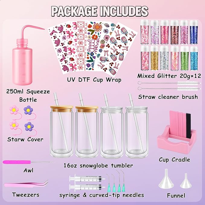 4 Pack Snowglobe Tumbler Supplies Kit - 16oz Pre-Drilled Clear Acrylic Cups with Lid and Straw, Includes Silicone Cup Cradle, Chunky Glitters, Funnel & Bubble Removal Tool - Birthday Gifts for Women