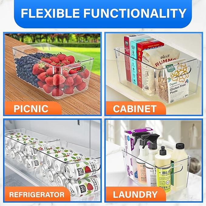 Lifemaster Stackable Refrigerator Bins - Set of 6 Large Capacity Organizers with Easy Grip Handles - Clear and Versatile for Kitchen Storage