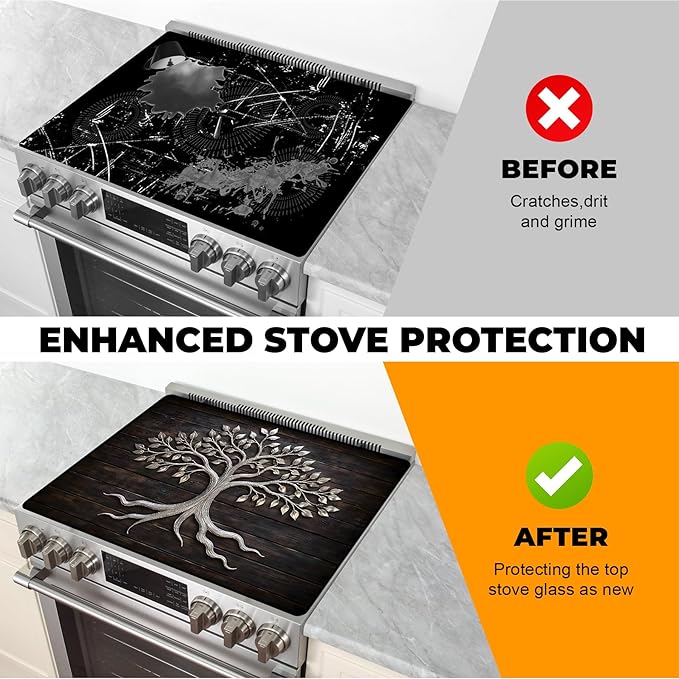 Stove Top Cover- Mat for Electric Stove Protector with Anti-Slip Rubber Coating Dish Drying Mats Scratch-Resistant (Old Tree, 28.5" x 20.5")