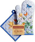 Maison d' Hermine 100% Cotton Oven Mitt & Pot Holder Set (7.5"x13" & 8"x8") Heat Resistant BBQ Cooking Gloves with Loop Baking Grilling Kitchen Gifts for Mothers Day Spring/Summer (Passiflora)