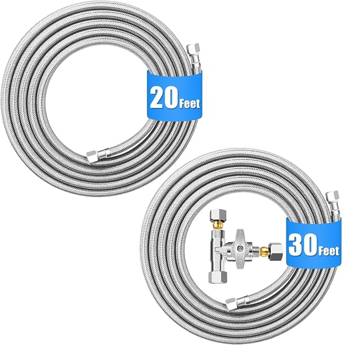20 FT Premium Stainless Steel Braided Ice Maker Water Hose + 30 FT Refrigerator Water Line Kit with 3/8"- 1/4"- 3/8" Tee Stop Valve for Most Brands and Models Refrigerator