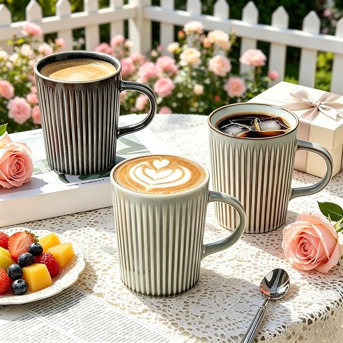 Coffee Mugs Set of 4 Modern Striped Stoneware Coffee Cups with Handle, Large Ceramic Gift Set for Women and Men, Dishwasher and Microwave Safe, 18oz for Hot Coffee, Tea, Cocoa, Milk
