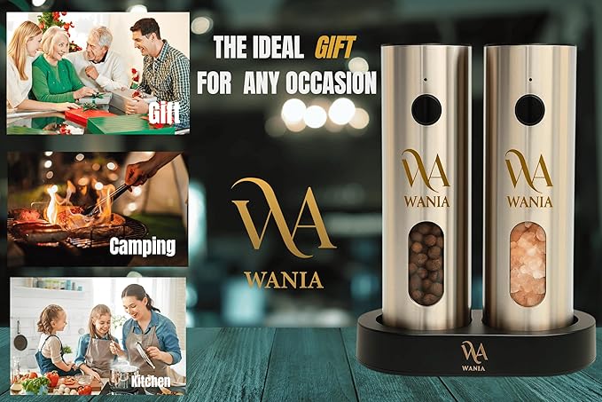 WANIA Electric Salt and Pepper Grinder Set - USB Rechargeable Base, Adjustable Coarseness, LED Light, Automatic One-Hand Operation, Stainless Steel Refillable Mills for Kitchen, BBQ & Gift