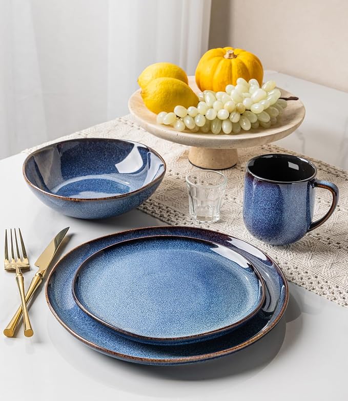 GBHOME Stoneware Dinnerware Sets for 8, 24 Pieces Rustic Earthenware Plates and Bowls Set, Handmade Reactive Glaze Ceramic Plate Sets, Chip Resistant Dishes, Microwave & Dishwasher Safe, Sea Blue