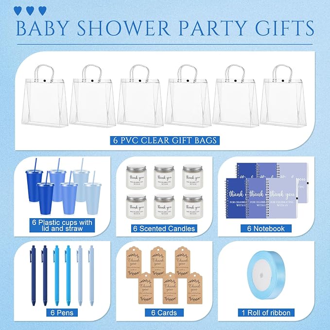 Nuogo 6 Sets New Parent Shower Prizes for Player Winners Adult, Wedding Bridal Shower Gift, Plastic Tumbler Notebook Scented Candle Ballpoint Pen Bag (Gradient Blue,Classic Style)