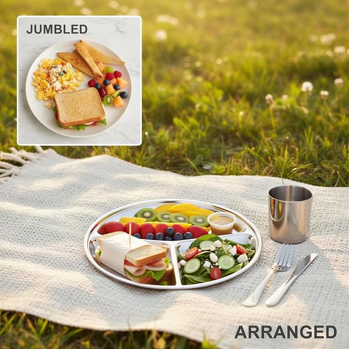 20PCS Stainless Steel Plates and Bowls Sets, Includes 4Set 3 Compartment Plates, Rice Bowls, Cups, Forks, Spoons, 304 Reusable Camping Mess Kits for Home Kitchen, Dorm and Outdoor Picnic (Silver-B)