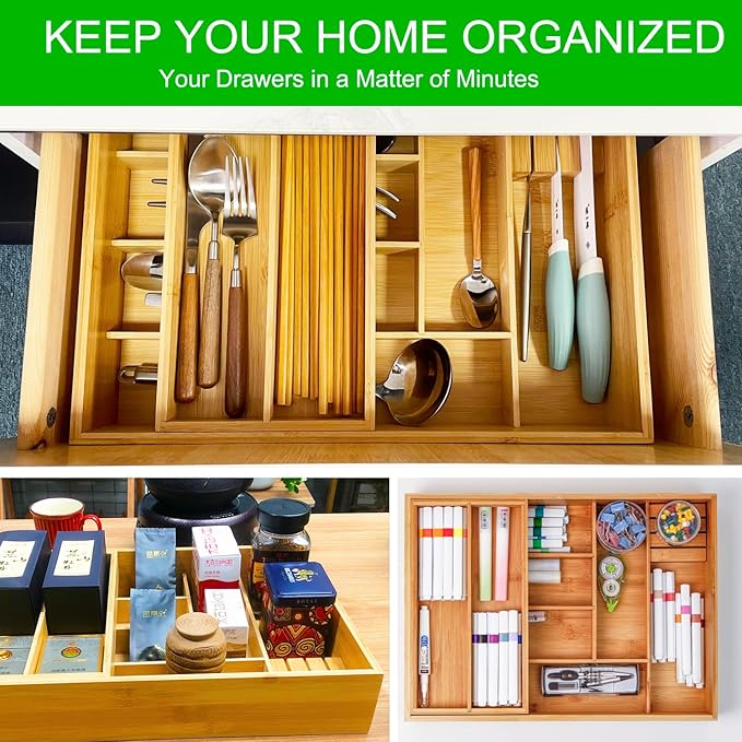 Double Layer Bamboo Kitchen Drawer Organizer Cutlery Utensil Silverware Drawer Organizer, cutlery Silverware Tray for Drawer, deep Utensil Holder Drawer Dividers for Flatware (L: 16.85 × 12.2 in)