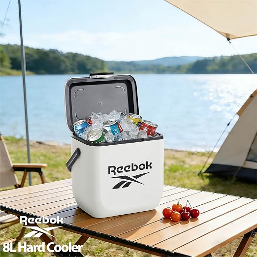 Reebok 8L Hard Cooler, Officially Licensed Portable Cooler Ice Chest with Handle, Holds 12 Cans, 12-Hour Ice Retention,White
