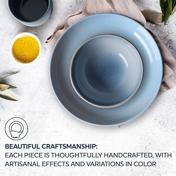 Corelle Stoneware Dinnerware Set, Handmade Reactive & Solid Glazed Ceramic Plates and Bowls, Modern Rustic Style Round Dishes, Service for 4, Nordic Blue 16 PIECE SET