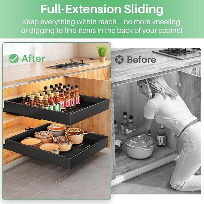Pull out Cabinet Organizer, 21"Deep, 11.8"Wide Full-Extension Heavy Duty Slide out Drawers with Nano Adhesive, Roll Out Shelves Sliding Cabinet for Kitchen, Bathroom, Pantry,Under Sink Storage(Black)