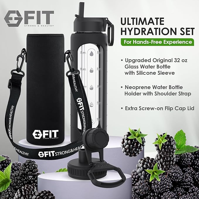 FIT Strong & Healthy 32 oz Glass Meal Prep Containers & 32 oz Glass Water Bottle with Straw Lid, Thick Silicone Sleeve, Leakproof, Black, Adult, Meal Prep Set
