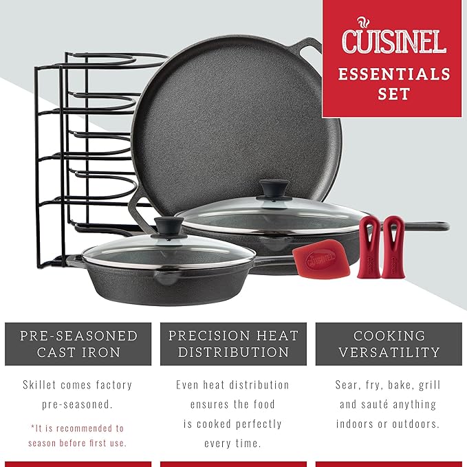 Cuisinel Cast Iron Cookware Set - 6-Pieces Pre-Seasoned Kit: 10"+12" Skillet + Glass Lids + Pizza Pan + Pan Rack Organizer + Silicone Handle Covers + Scraper/Cleaner - Grill, Camping, Indoor/Outdoor