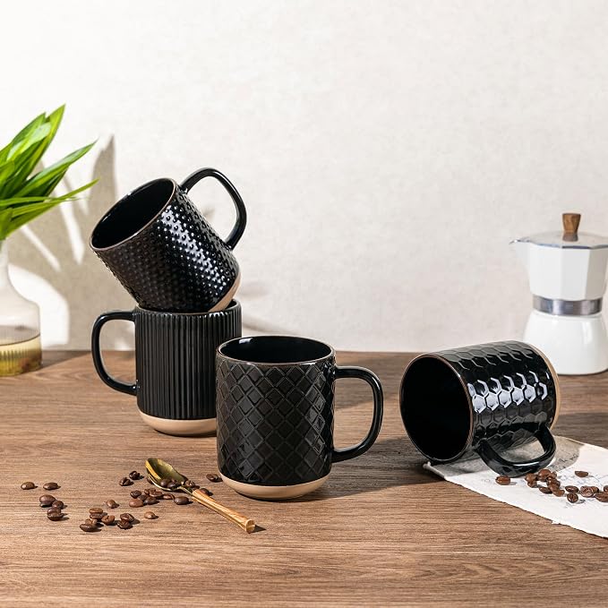 GBhome Coffee Mugs Set of 4, 12oz Handmade Stoneware Coffee Mugs Set with Large Handle for Cappuccino/Latte/Tea/Hot Cocoa, Dishwasher & Microwave Safe, Black