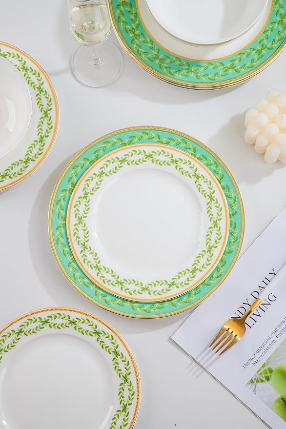 FHGNYSM High Bone China Dinnerware Set, 12-Piece Artistic Green Plates and Bowls, Lightweight & Chip Resistant Ceramic Service for 4, Dishwasher Safe Elegant Kitchen Dining