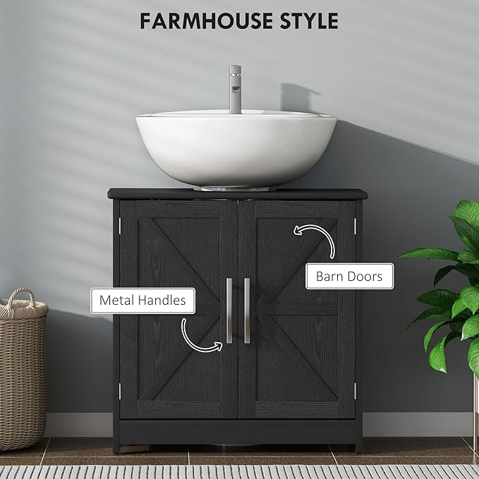 HOMCOM Pedestal Sink Storage Cabinet, Farmhouse Freestanding Bathroom Sink Cabinet with 2 Barn Doors and Adjustable Shelf, Distressed Black