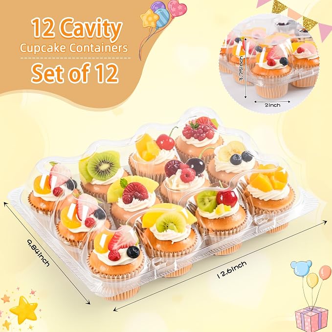 12 Pack x 12 Sets Plastic Cupcake Containers, Stackable Cupcake Boxes Holders with Tall Dome Lid, Disposable Clear Cupcake Carrier Trays for Bakery Transport