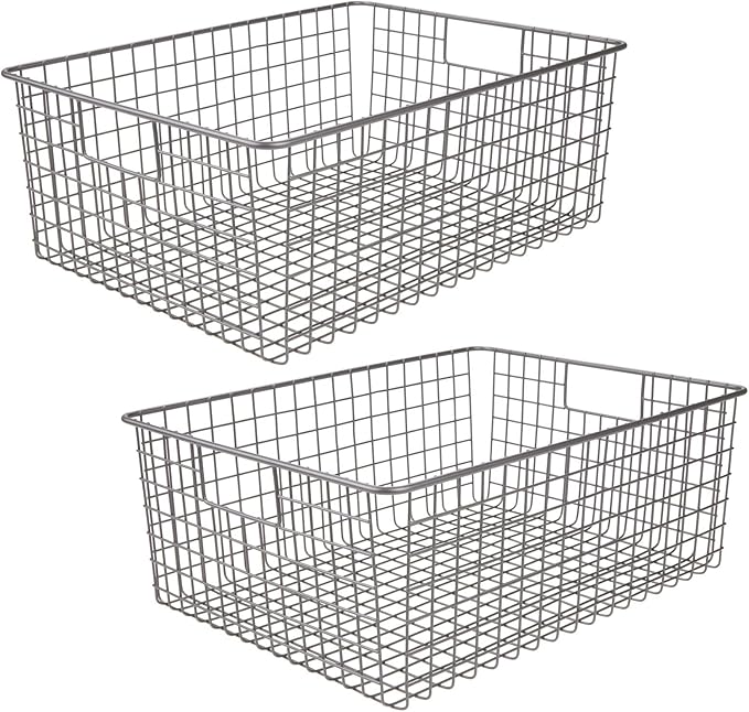 mDesign Metal Wire Food Storage Basket Organizer with Handles for Organizing Kitchen Cabinets, Pantry Shelf, Bathroom, Laundry Room, Closets, Garage - Concerto Collection - 2 Pack - Graphite Gray